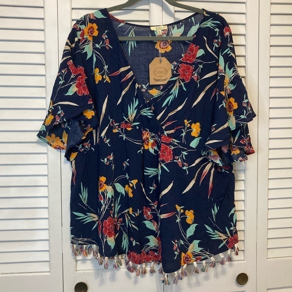 NWT Kori Plus Floral Blue And Pink Tassel Blouse Size XL